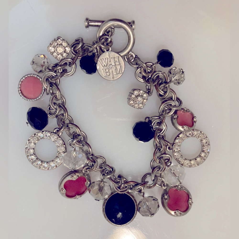 BRACELET WHITE HOUSE BLACK MARKET WHBM Charms Clear Crystals Black Glass Violet